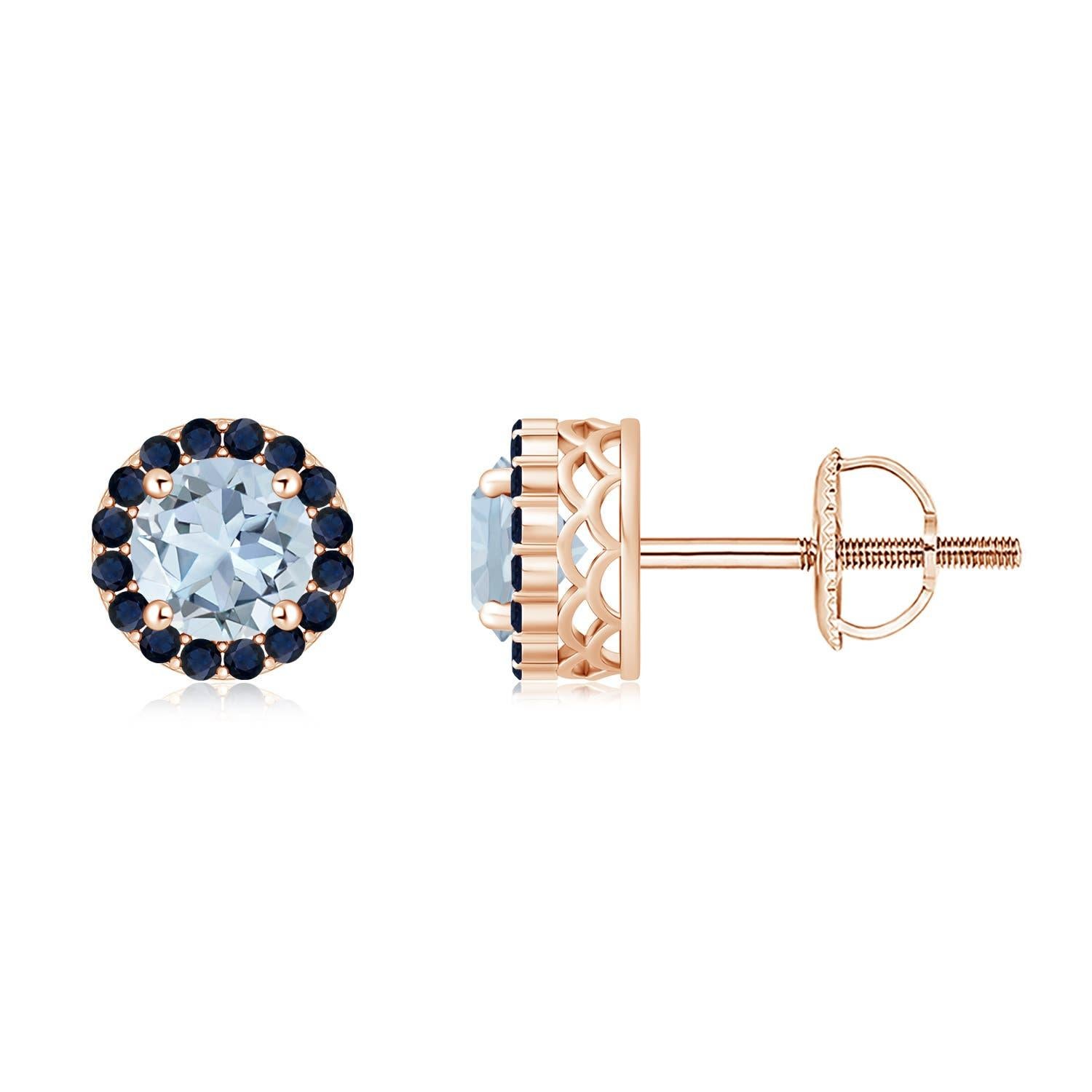 Angara - Boucles d'oreilles en or 14 carats aigue-marine et saphir ronds et naturels de 1,44 ct Pour femmes en vente