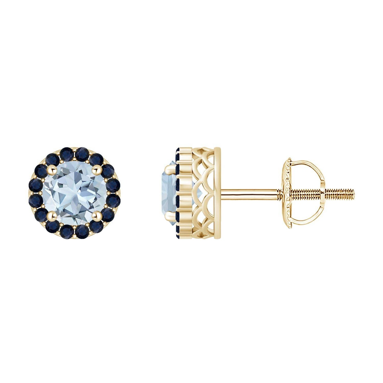 Angara - Boucles d'oreilles en or 14 carats aigue-marine et saphir ronds et naturels de 1,44 ct