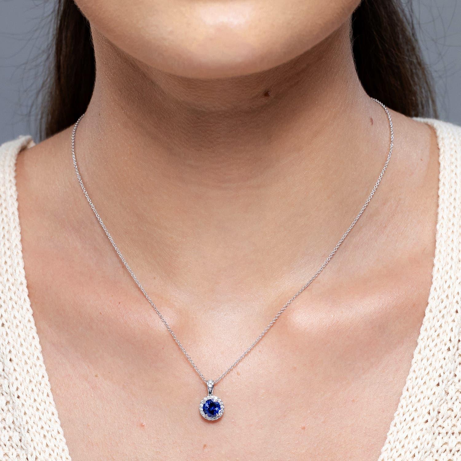 Modern Angara Natural Round 1.45 ct Tanzanite Pendant with Diamond Halo in 14K Gold For Sale