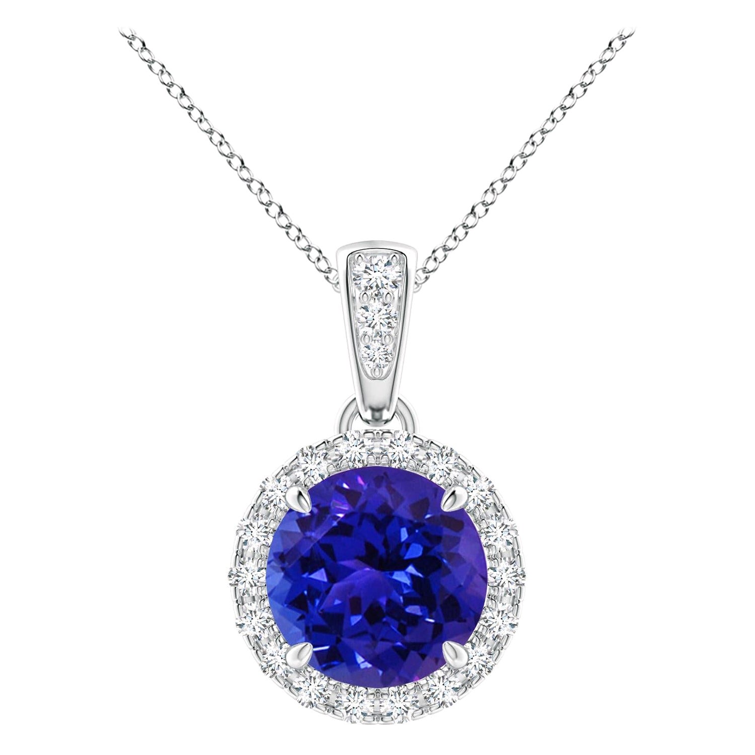 Ciondolo Angara con tanzanite tonda naturale da 1,45 carati e diamante a raggiera in oro 14K