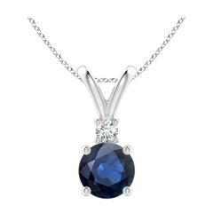 Angara Ciondolo solitario con zaffiro blu tondo naturale da 1,6 carati e diamante A. Silver