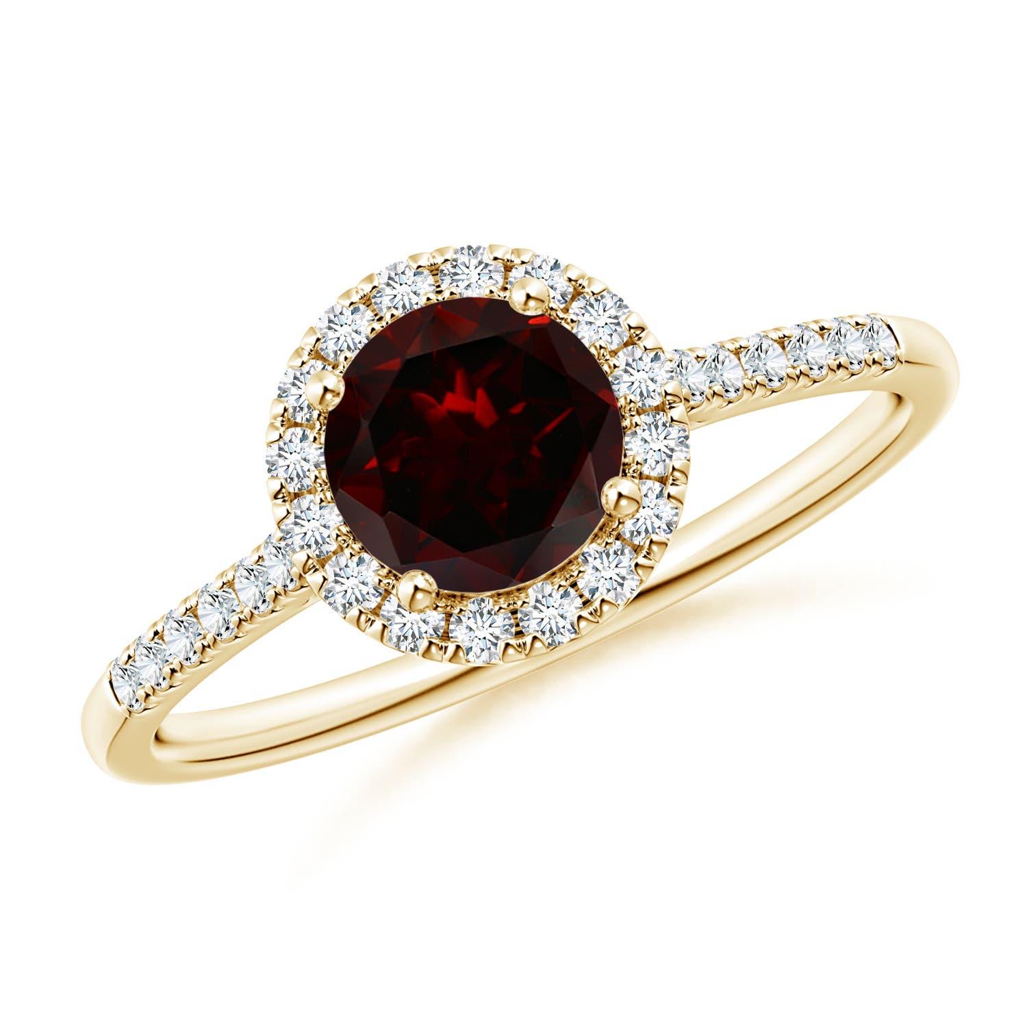 De las mujeres Angara Anillo Halo de Granate Redondo Natural de 1 ct con Detalles de Diamante en Oro Macizo de 14K en venta