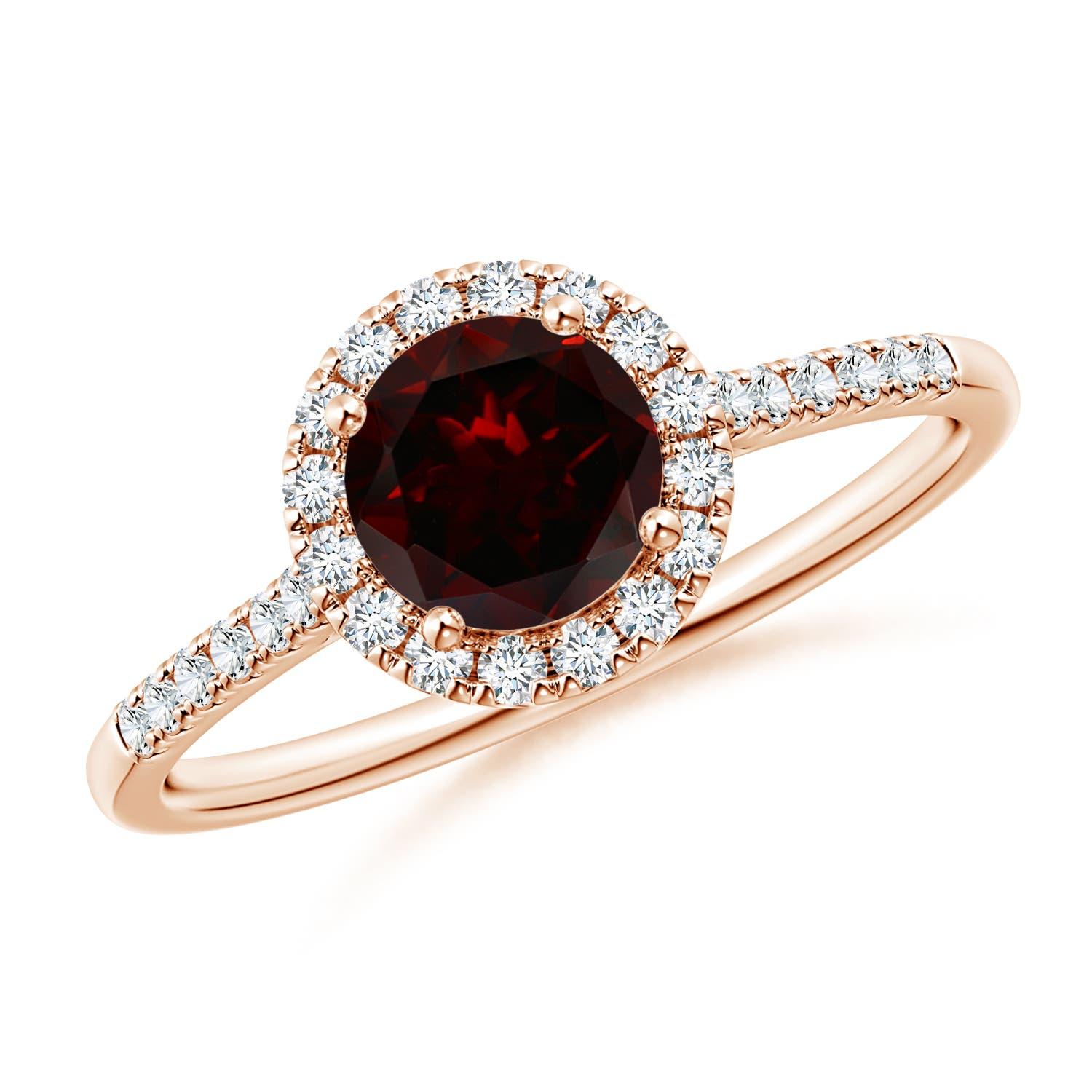 Angara Anillo Halo de Granate Redondo Natural de 1 ct con Detalles de Diamante en Oro Macizo de 14K en venta 1
