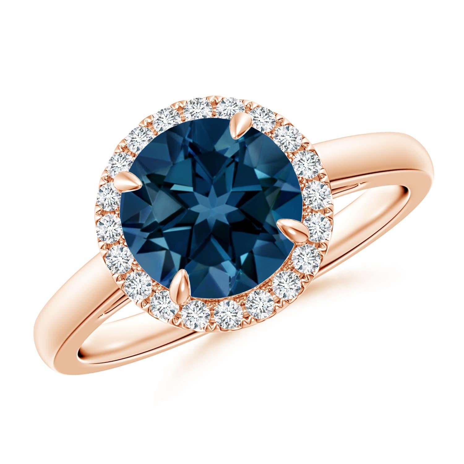 Anello Angara con Topazio Blu di Londra rotondo naturale da 2,35 carati e diamante a raggiera in oro 14K