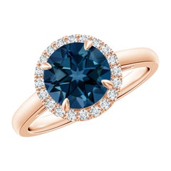 Angara Natural Round 2.35ct London Blue Topaz Ring with Diamond Halo in 14K Gold