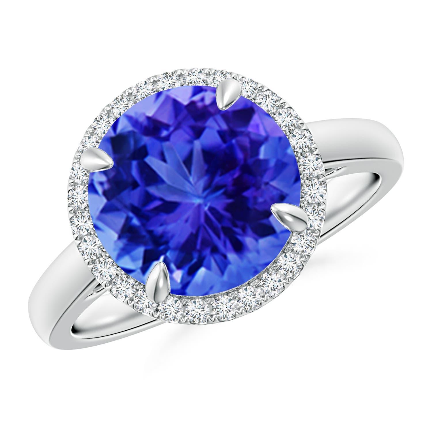 Bague Angara en or massif 14 carats, Tanzanite ronde naturelle de 3,5 ct avec halo de diamants en vente 1