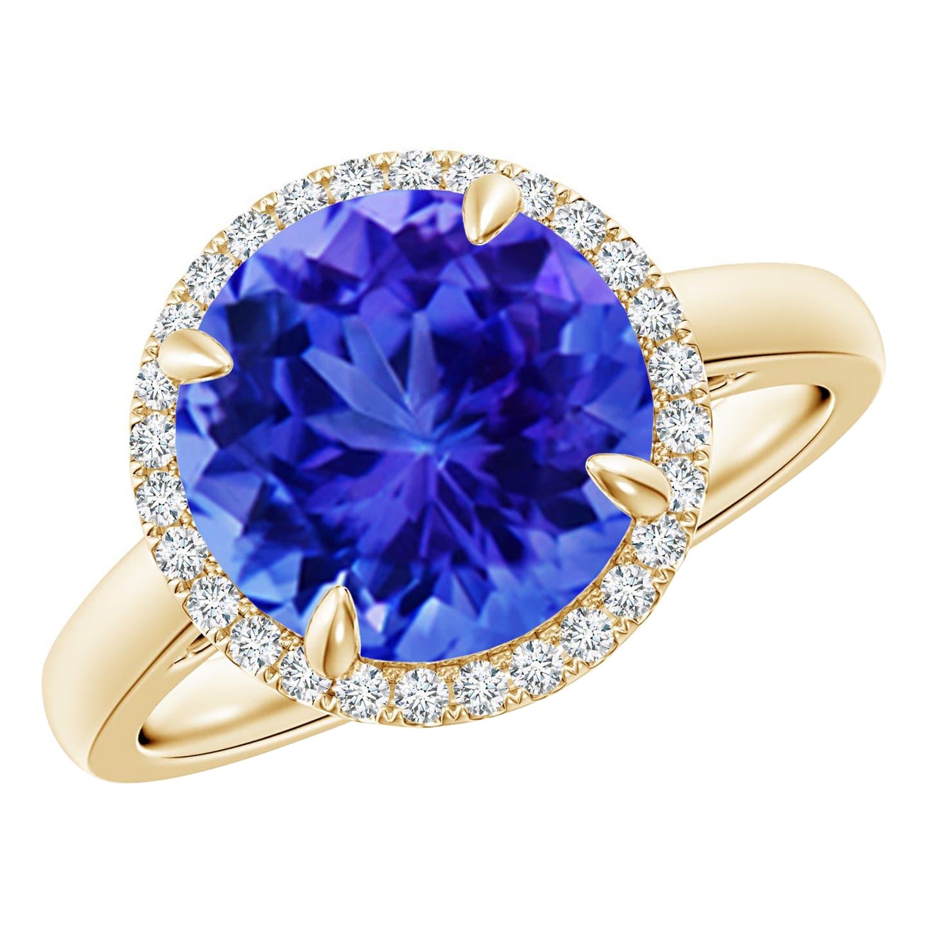 Anillo Angara de tanzanita natural redonda de 3,5 ct con halo de diamantes en oro macizo de 14 quilates