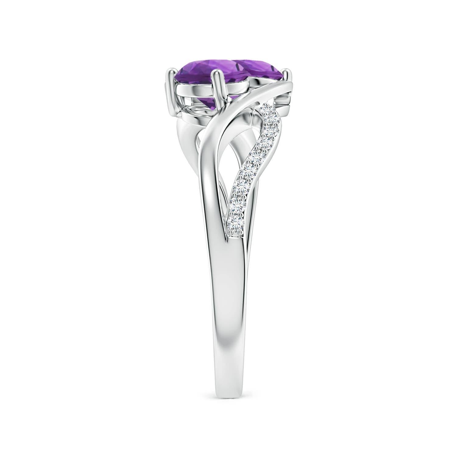 Round Cut Angara Natural Round Amethyst Two Stone Ring with Diamonds in 14K Solid Gold For Sale