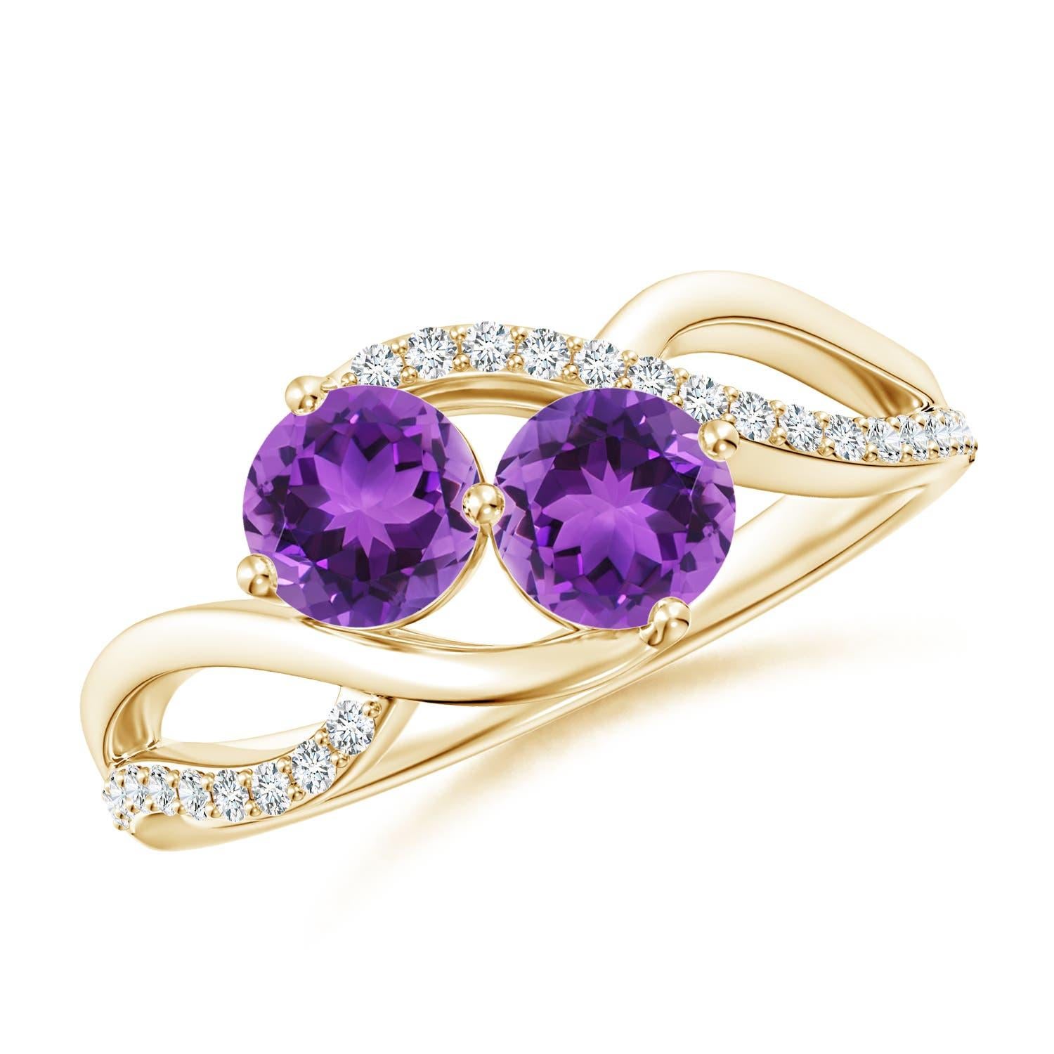 Women's Angara Natural Round Amethyst Two Stone Ring with Diamonds in 14K Solid Gold For Sale
