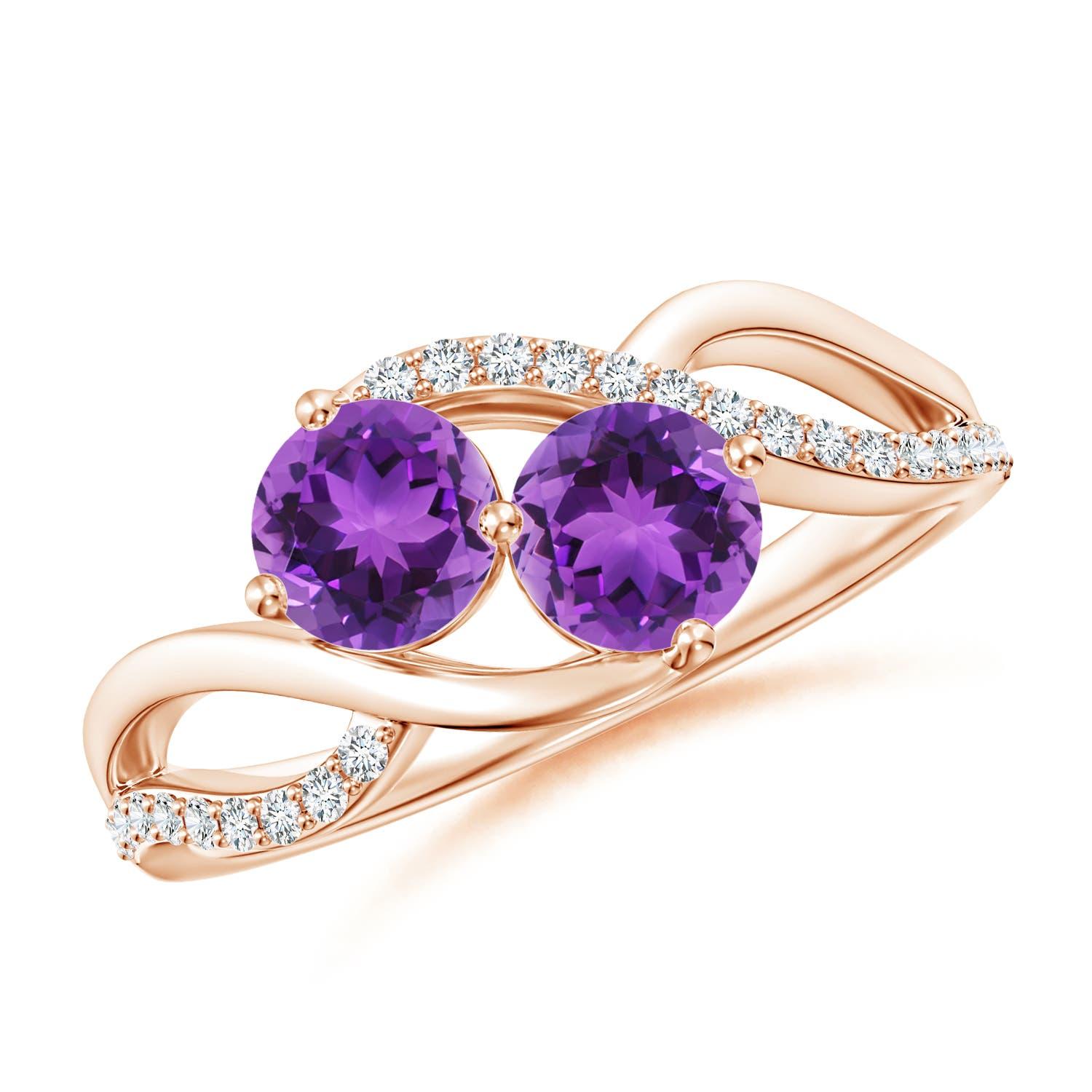 Angara Natural Round Amethyst Two Stone Ring with Diamonds in 14K Solid Gold For Sale 1