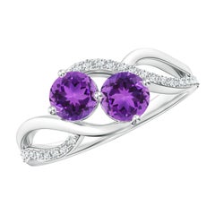 Angara Natural Round Amethyst Two Stone Ring with Diamonds in 14K Solid Gold