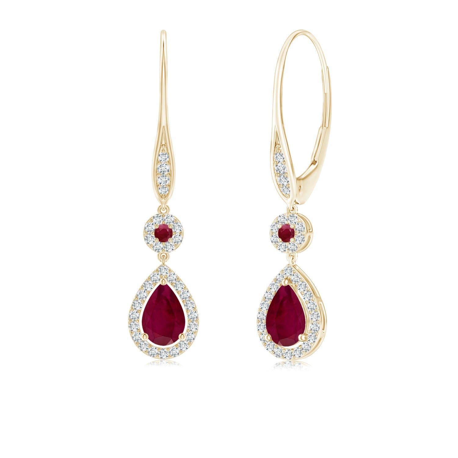 Boucles d'oreilles Angara en or massif 14K avec halo de rubis ronds et poires naturels Pour femmes en vente