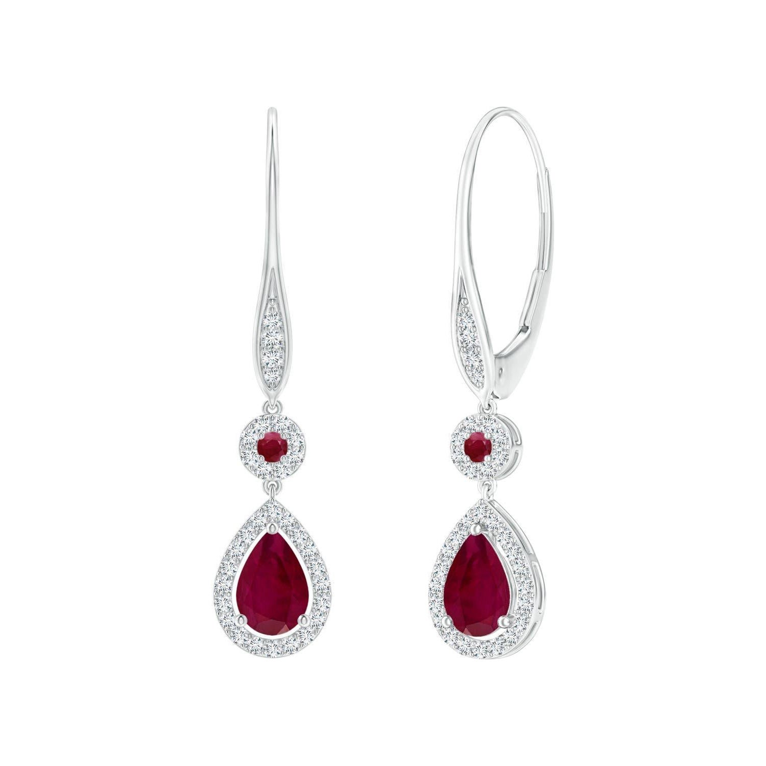 Boucles d'oreilles Angara en or massif 14K avec halo de rubis ronds et poires naturels