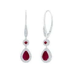 Boucles d'oreilles Angara en or massif 14K avec halo de rubis ronds et poires naturels