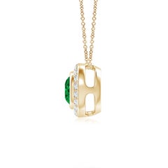 Colgante de esmeralda natural redonda engastada en bisel con halo de diamantes Angara de oro macizo de 14 quilates