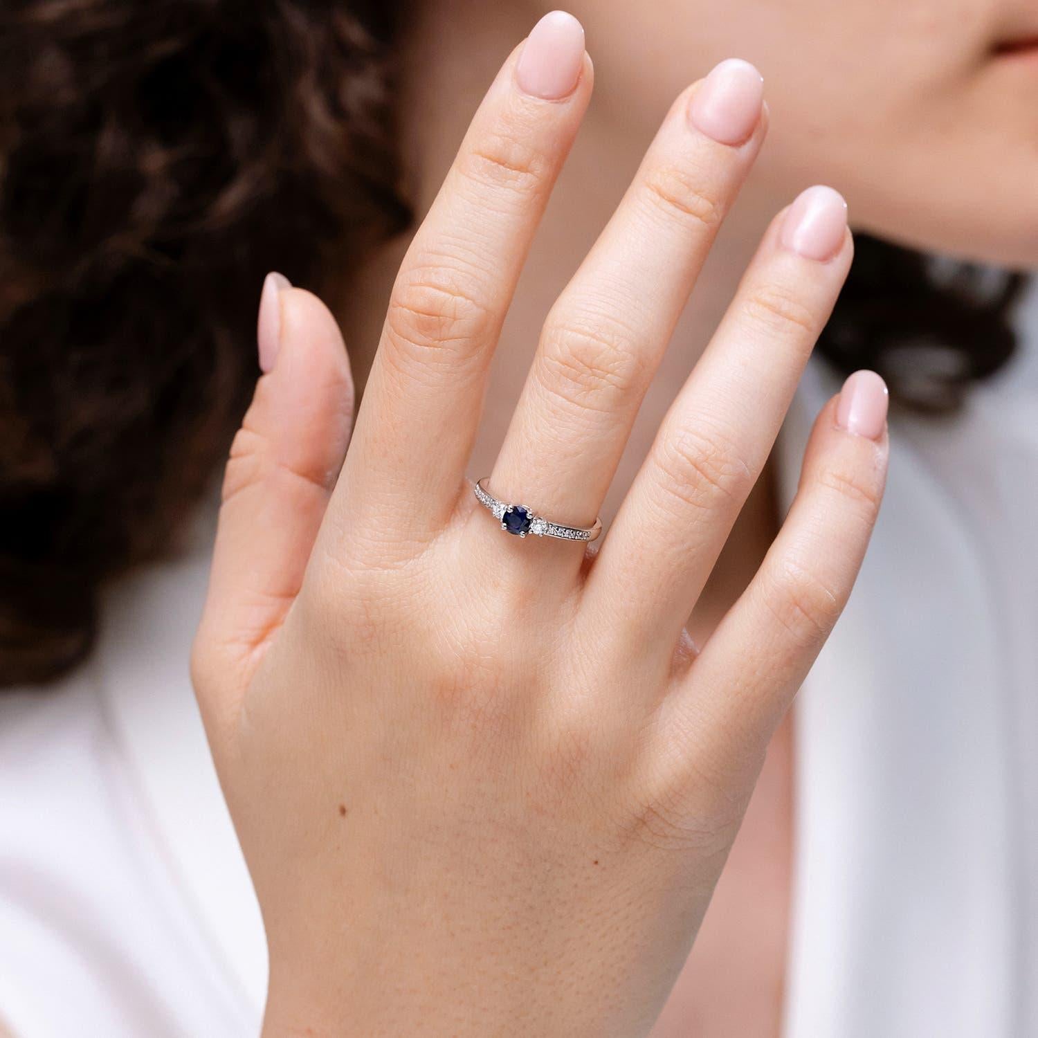 Round Cut Angara Natural Round Blue Sapphire and Diamond Engagement Ring in 14K Solid Gold For Sale