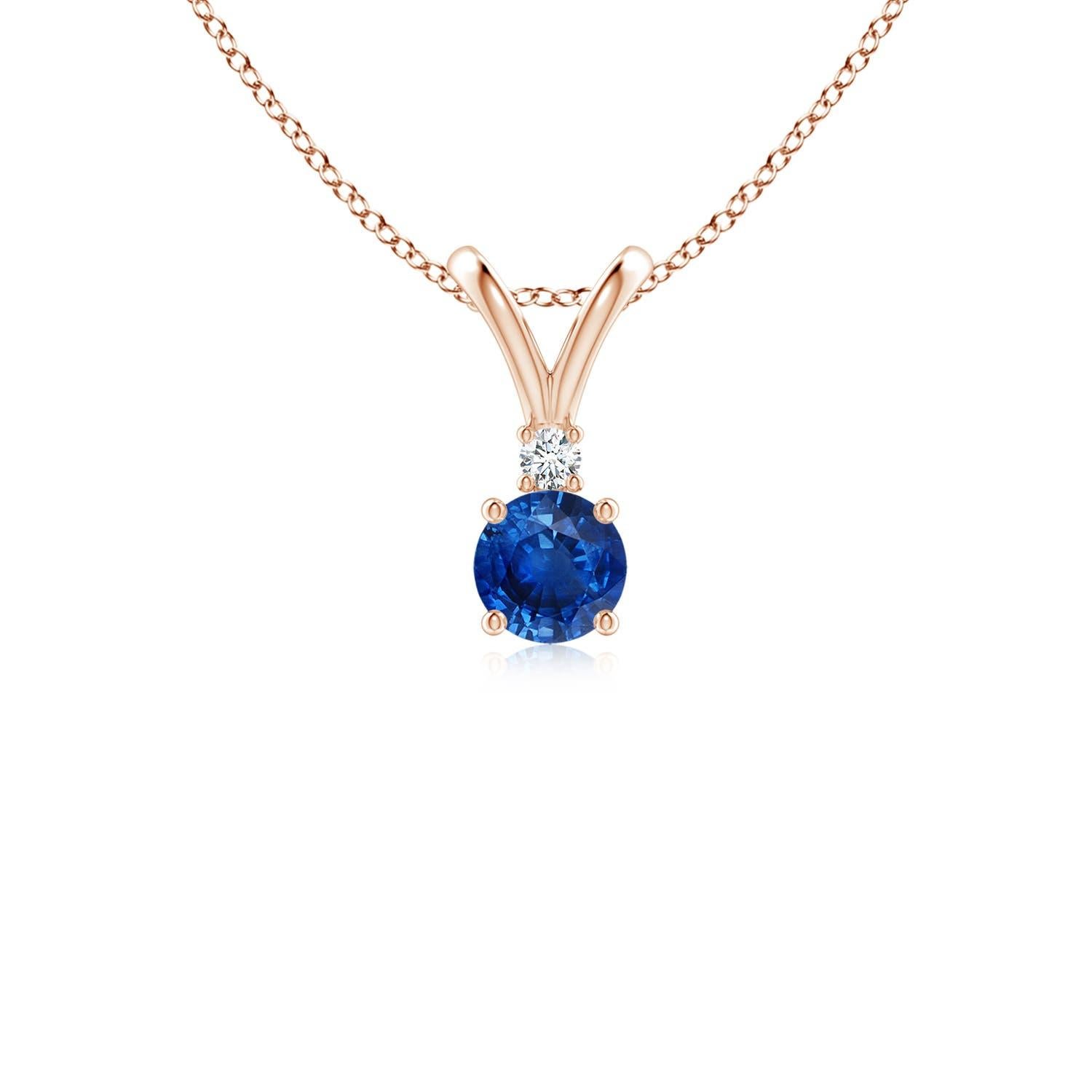 Ciondolo solitario con diamante e zaffiro blu rotondo naturale di Angara in oro rosa 14K in vendita