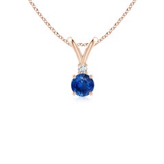Ciondolo solitario con diamante e zaffiro blu rotondo naturale di Angara in oro rosa 14K
