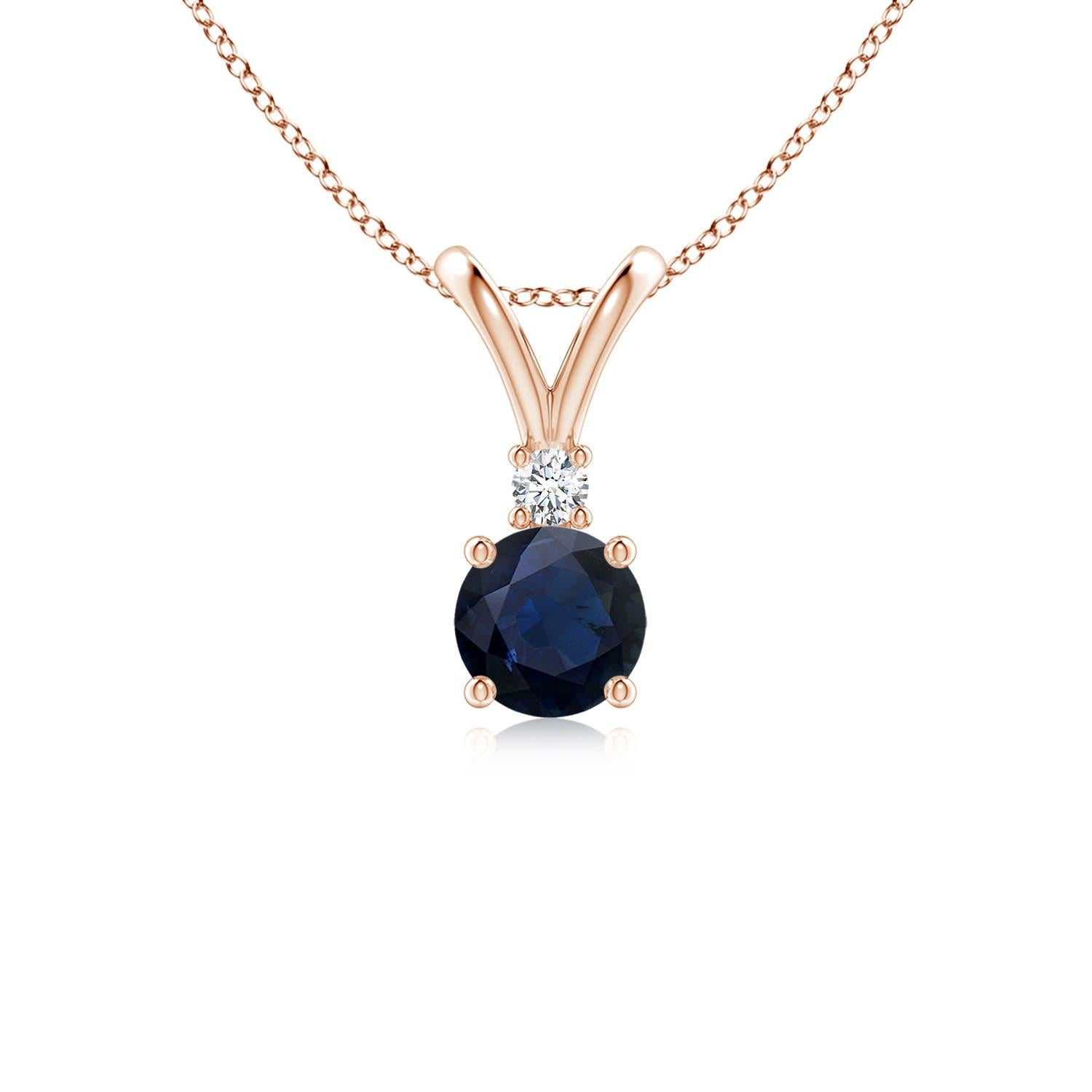Ciondolo solitario con diamante e zaffiro blu rotondo naturale di Angara in oro rosa 14K in vendita