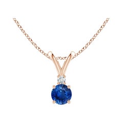 Pendentif solitaire en or rose 14 carats saphir bleu rond naturel et diamant Angara