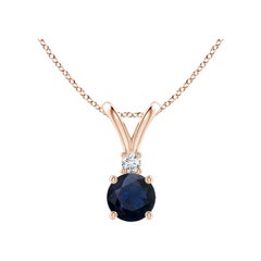 Pendentif solitaire en or rose 14 carats saphir bleu rond naturel et diamant Angara