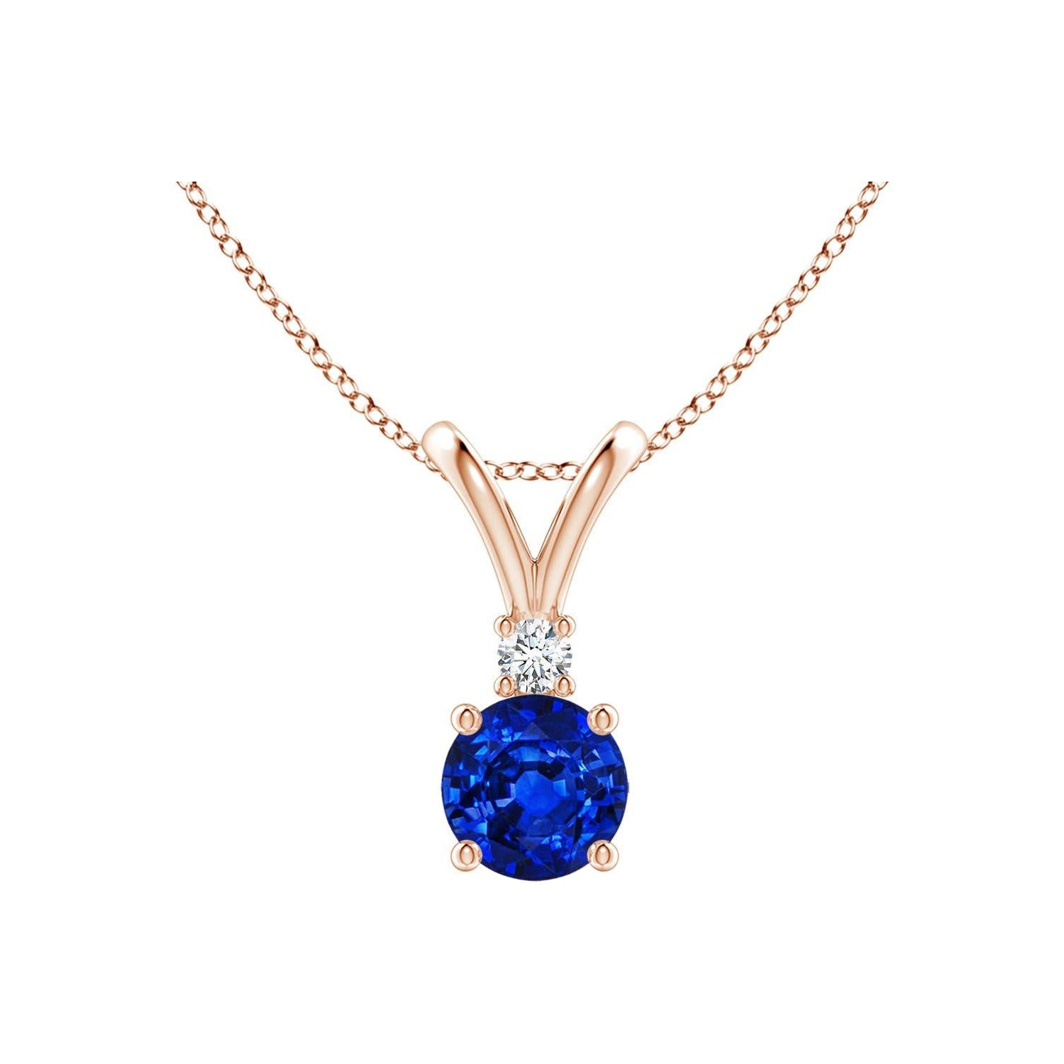 Ciondolo solitario con diamante e zaffiro blu rotondo naturale di Angara in oro rosa 14K