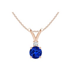 Pendentif solitaire en or rose 14 carats saphir bleu rond naturel et diamant Angara