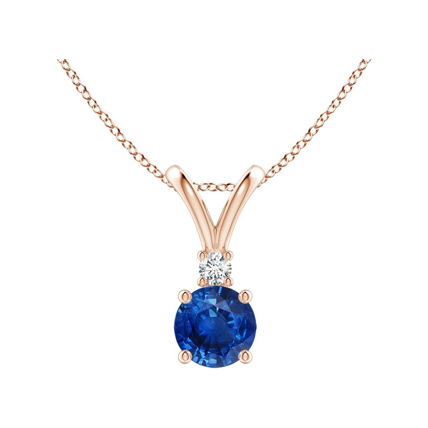 Colgante solitario de zafiro azul redondo natural y diamante Angara en oro rosa de 14 quilates