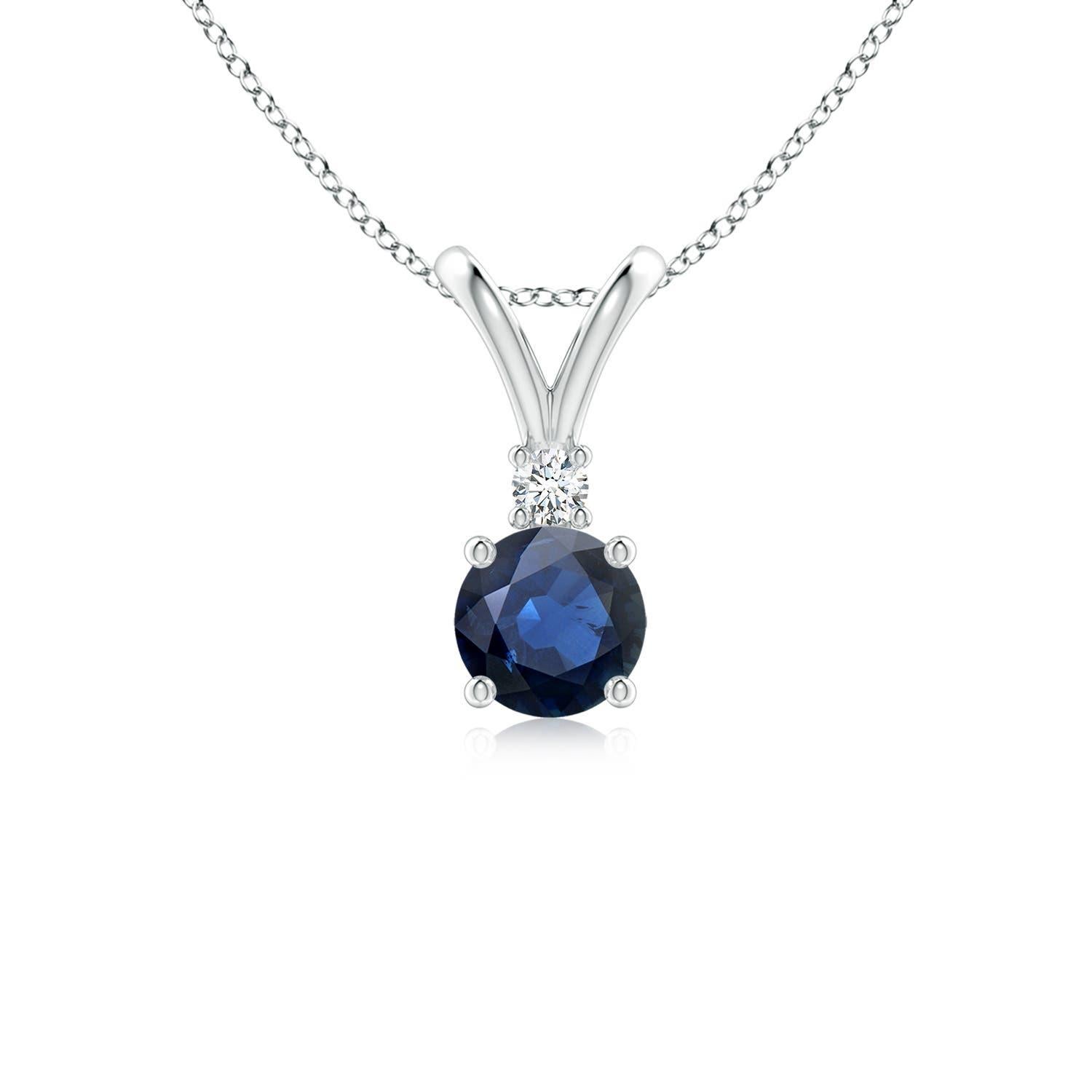 Ciondolo solitario con diamante e zaffiro blu rotondo naturale di Angara in oro bianco 14 carati in vendita