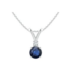 Angara Natural Round Blue Sapphire & Diamond Solitaire Pendant in 14K White Gold