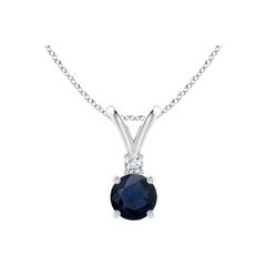 Angara Natural Round Blue Sapphire & Diamond Solitaire Pendant in 14K White Gold