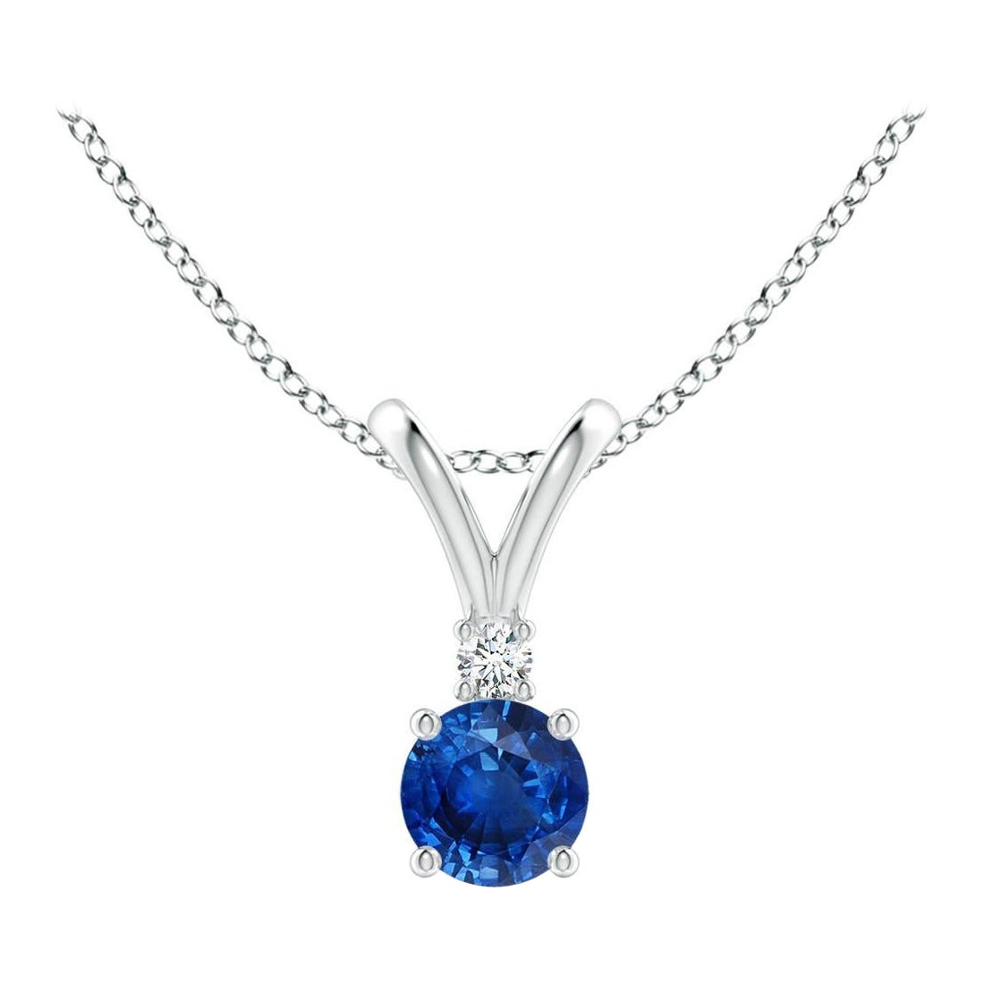 Ciondolo solitario con diamante e zaffiro blu rotondo naturale di Angara in oro bianco 14 carati