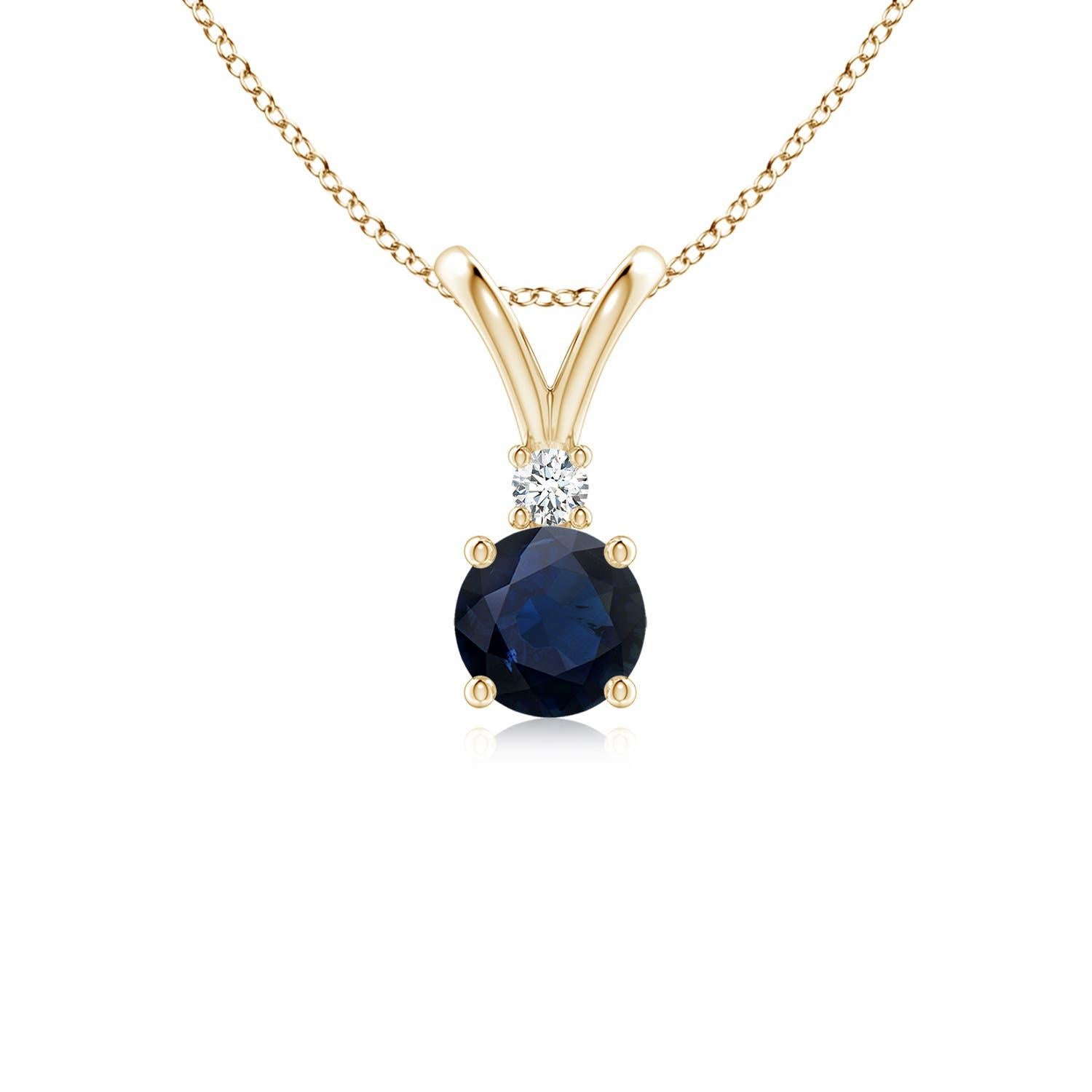 Ciondolo solitario con diamante e zaffiro blu rotondo naturale di Angara in oro giallo 14K in vendita