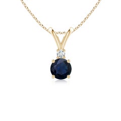 Ciondolo solitario con diamante e zaffiro blu rotondo naturale di Angara in oro giallo 14K