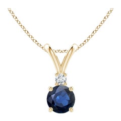Ciondolo solitario con diamante e zaffiro blu rotondo naturale di Angara in oro giallo 14K