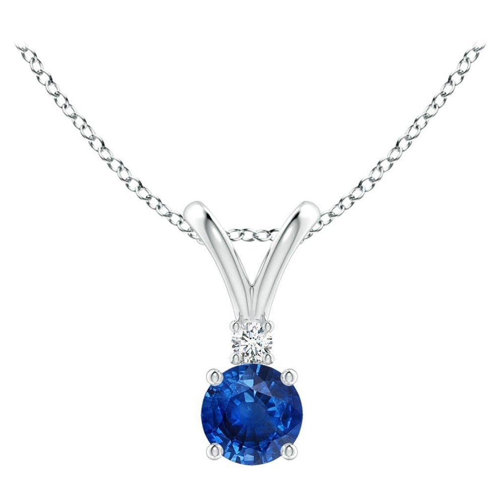 Angara Natürlicher Runder Blauer Saphir Diamant Solitär V-Bale Anhänger aus Platin im Angebot
