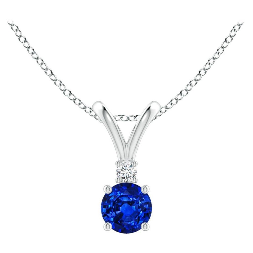 Angara Natürlicher Runder Blauer Saphir Diamant Solitär V-Bale Anhänger aus Platin