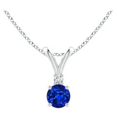 Angara Natürlicher Runder Blauer Saphir Diamant Solitär V-Bale Anhänger aus Platin