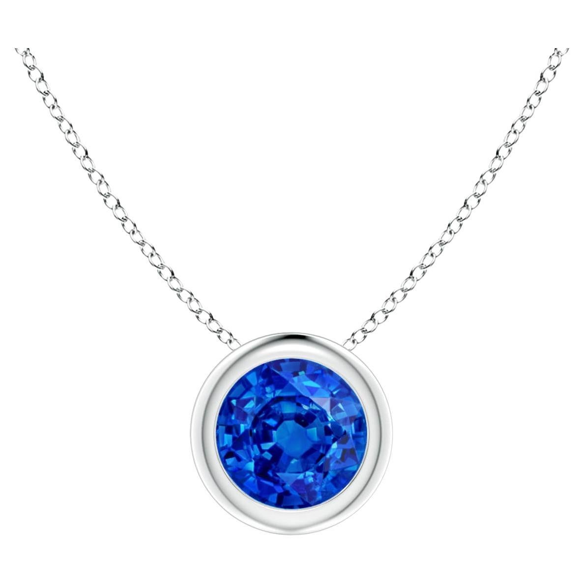 Natural Round Blue Sapphire Solitaire Pendant in Platinum Size-5mm For Sale