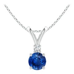Angara Natürlicher Runder Blauer Saphir Solitär-Anhänger mit Diamant aus Platin