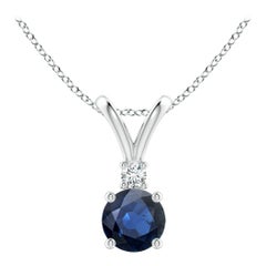 Angara Natürlicher Runder Blauer Saphir Solitär-Anhänger mit Diamant aus Platin