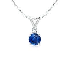 Angara Natürlicher Runder Blauer Saphir Solitär-Anhänger mit Diamant in Silber