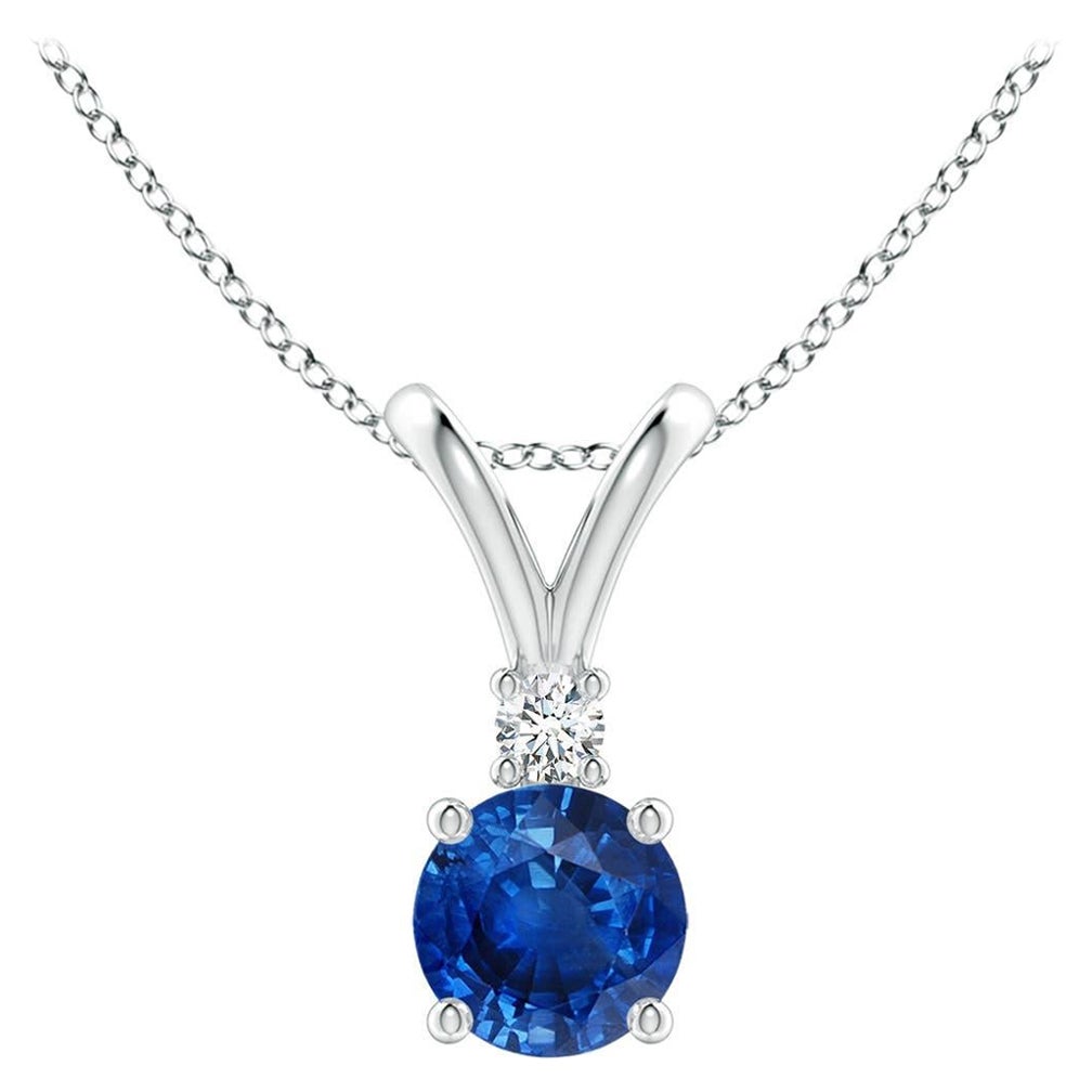 Angara Ciondolo solitario con zaffiro blu rotondo naturale e diamante in A. Silver