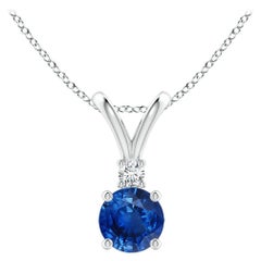 Angara Ciondolo solitario con zaffiro blu rotondo naturale e diamante in A. Silver