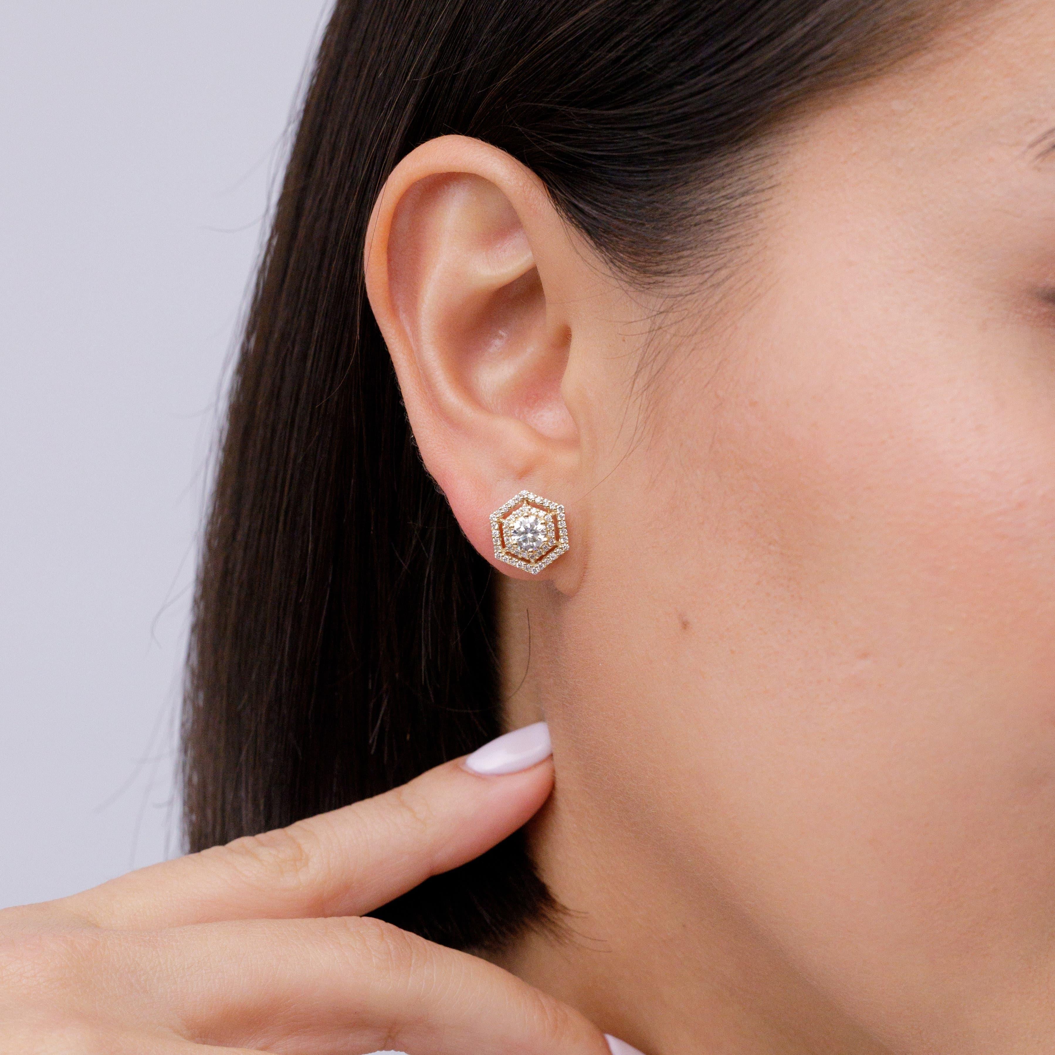 Modern Angara Natural Round Diamond Hexagonal Floating Double Halo Studs in 14K Gold For Sale