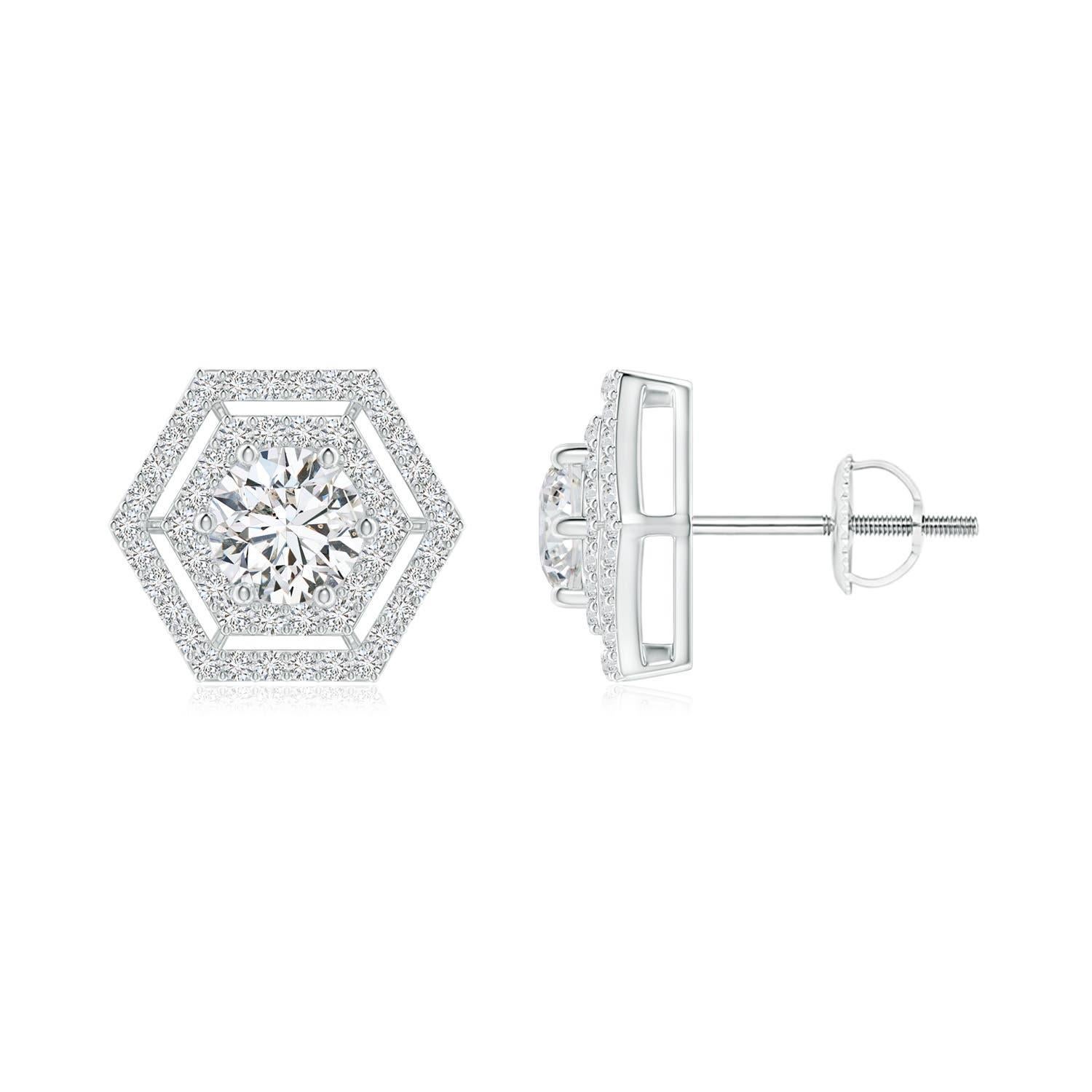 Round Cut Angara Natural Round Diamond Hexagonal Floating Double Halo Studs in 14K Gold For Sale