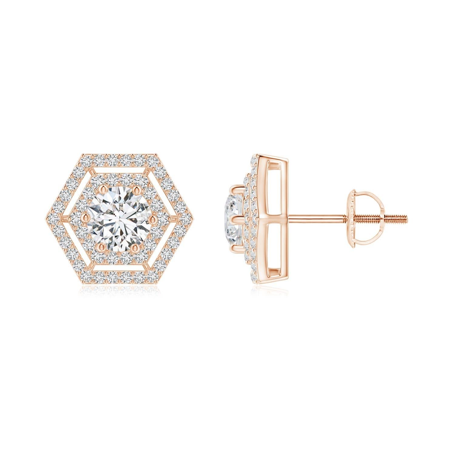 Angara Natural Round Diamond Hexagonal Floating Double Halo Studs in 14K Gold In New Condition For Sale In Los Angeles, CA