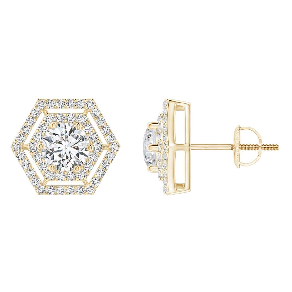 Borchie a doppio anello fluttuante con diamante tondo naturale esagonale di Angara in oro 14K