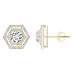 Borchie a doppio anello fluttuante con diamante tondo naturale esagonale di Angara in oro 14K