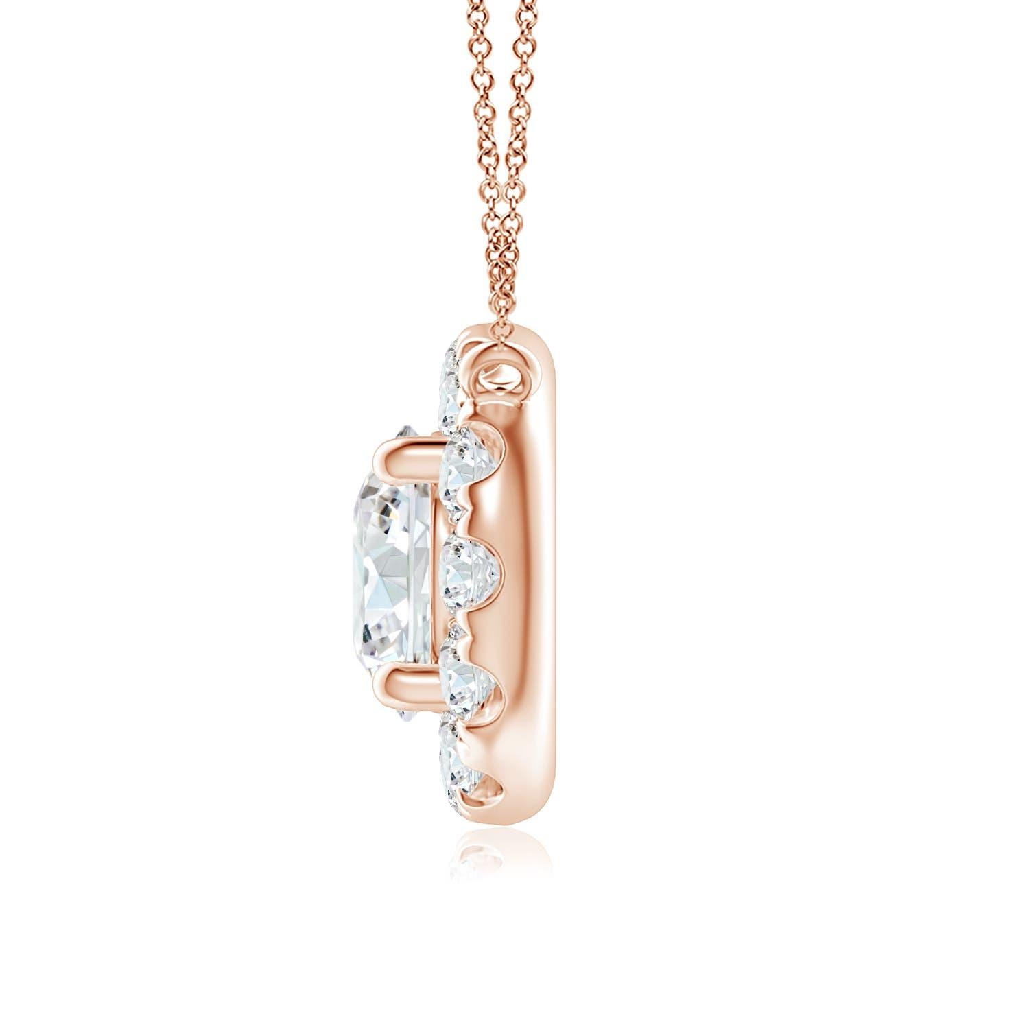 With a round diamond at the core and a halo encircling it, this diamond pendant necklace is a glittering marvel. It gives off the illusion of a sparkling star and looks extravagantly elegant. A 14K rose gold halo pendant necklace finished with